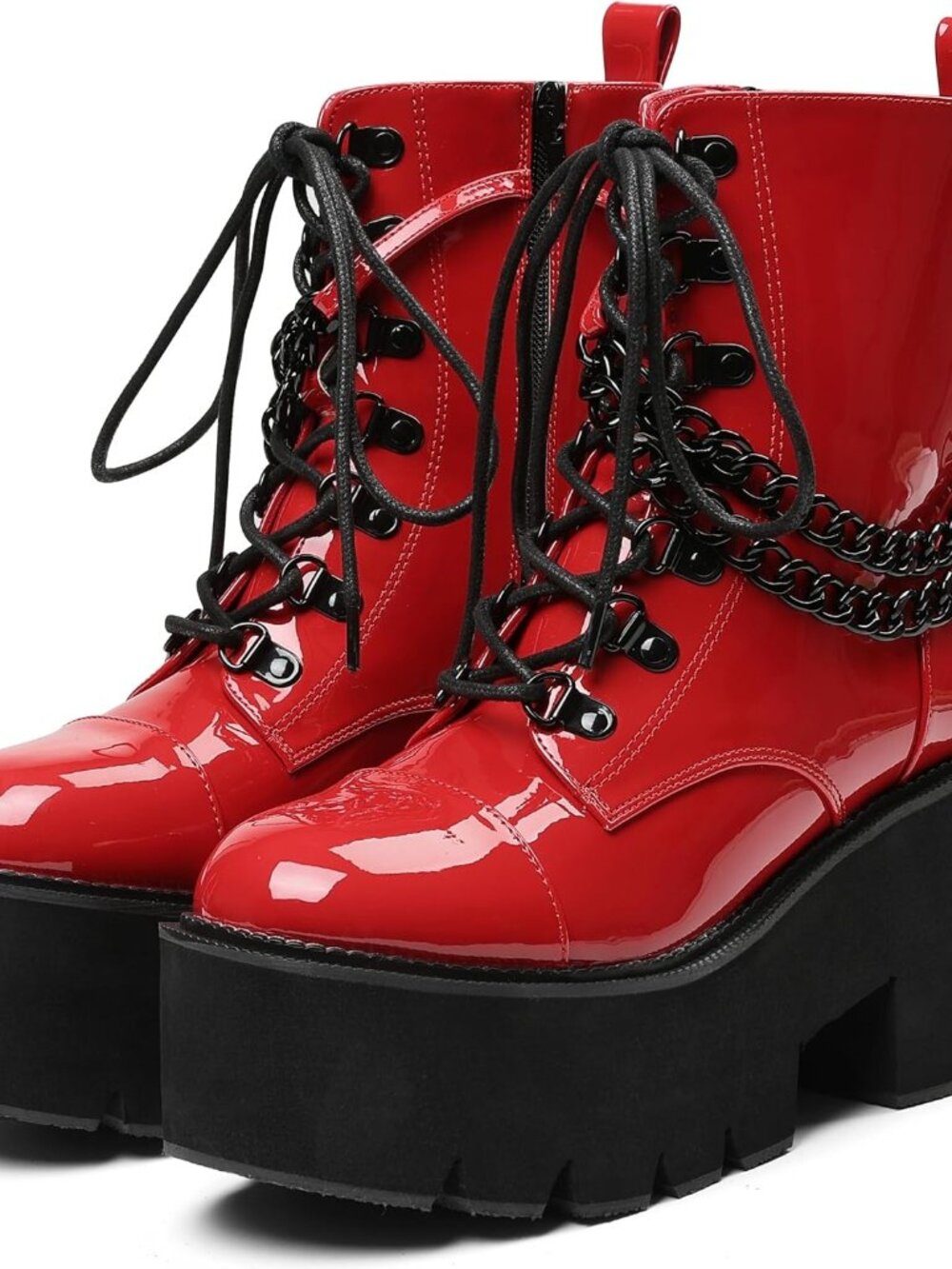 Women's Red Combat Chunky Wedge Heel Rave Goth Lace Up Zipper Shoes Booties - Picture 1 of 6